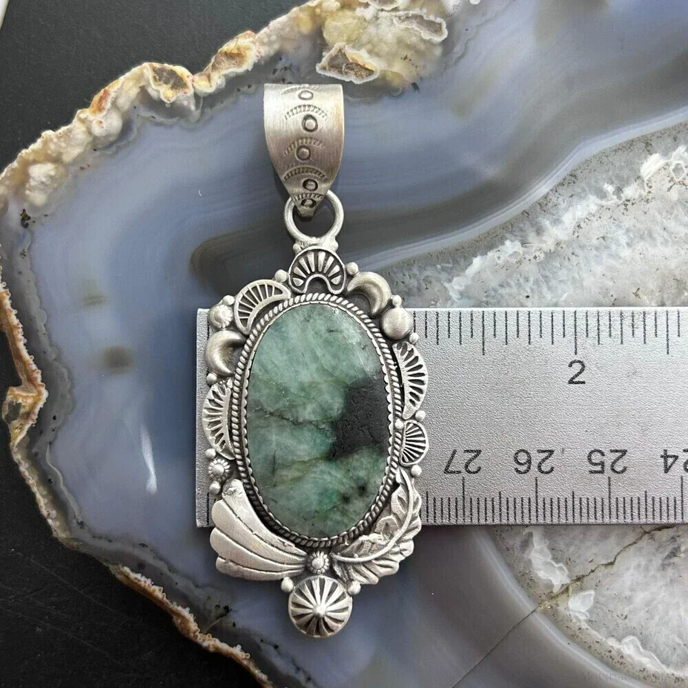 Sterling Silver Southwestern Style Oval Emerald Decorated Pendant For Women #1 - Picture 9 of 10